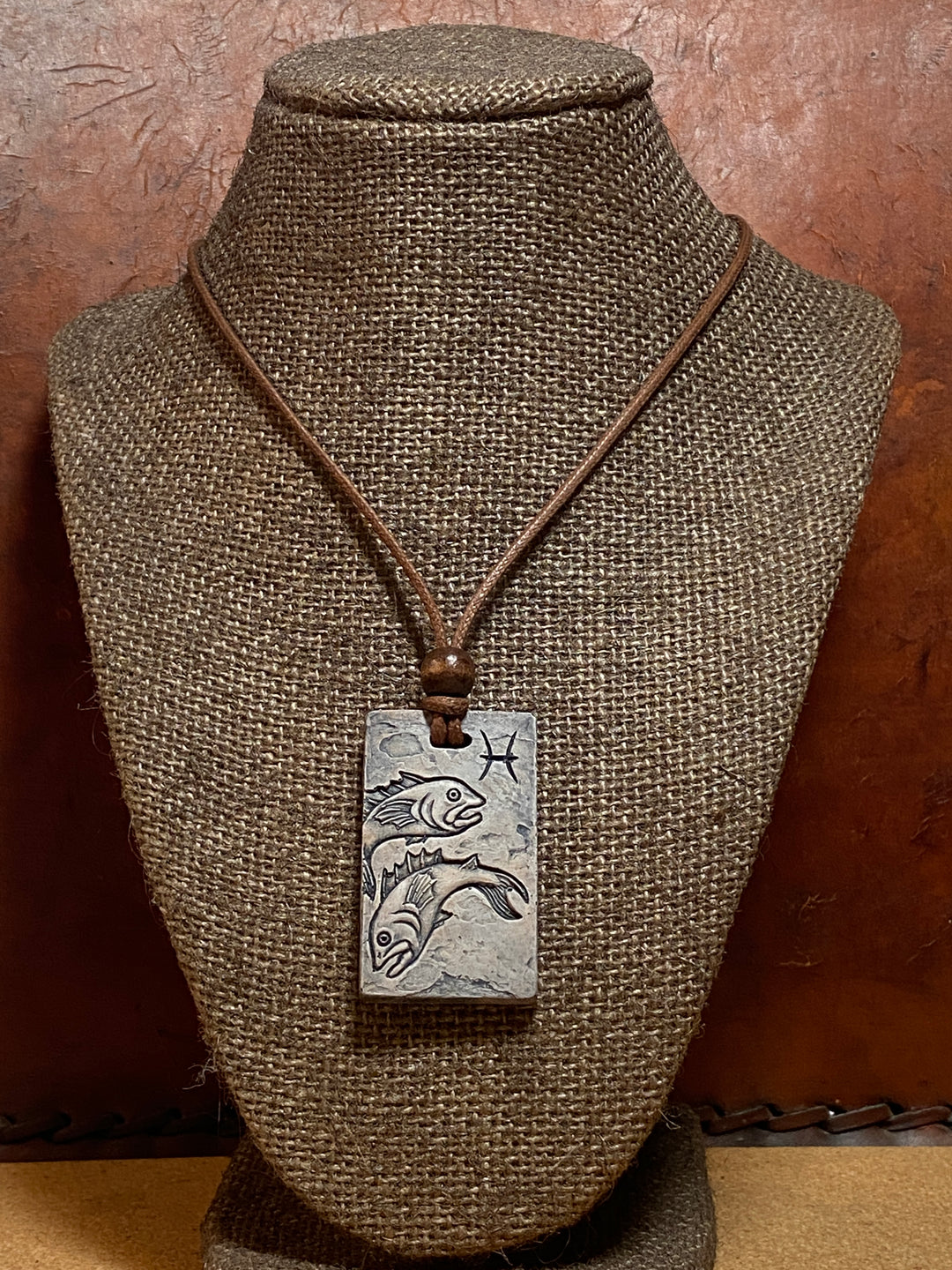 Pisces Zodiac Tile Necklace – Ancient Sumerian-Inspired Stone Pendant on Waxed Cotton