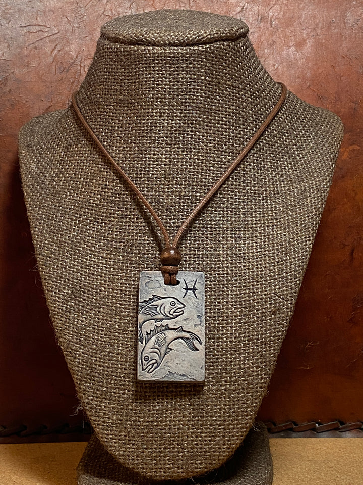 Pisces Zodiac Tile Necklace – Ancient Sumerian-Inspired Stone Pendant on Waxed Cotton