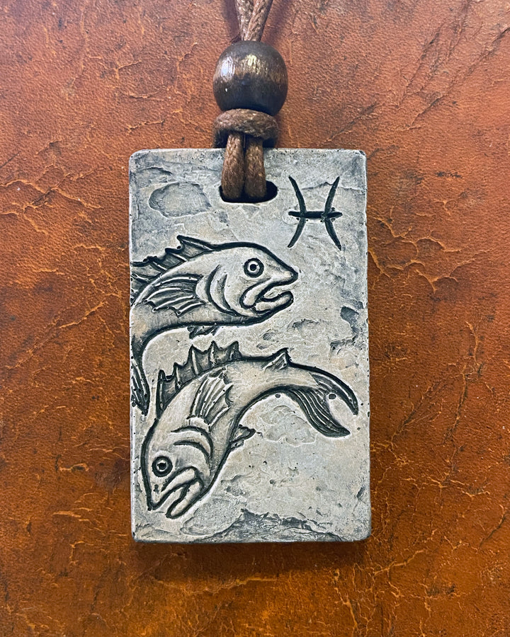 Pisces Zodiac Tile Necklace – Ancient Sumerian-Inspired Stone Pendant on Waxed Cotton