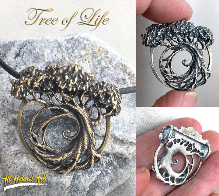 Sue Beatrice's Tree of Life pendant with Fibonacci Spiral on a silver chain. in Silver and in Bronze. Front and Back.