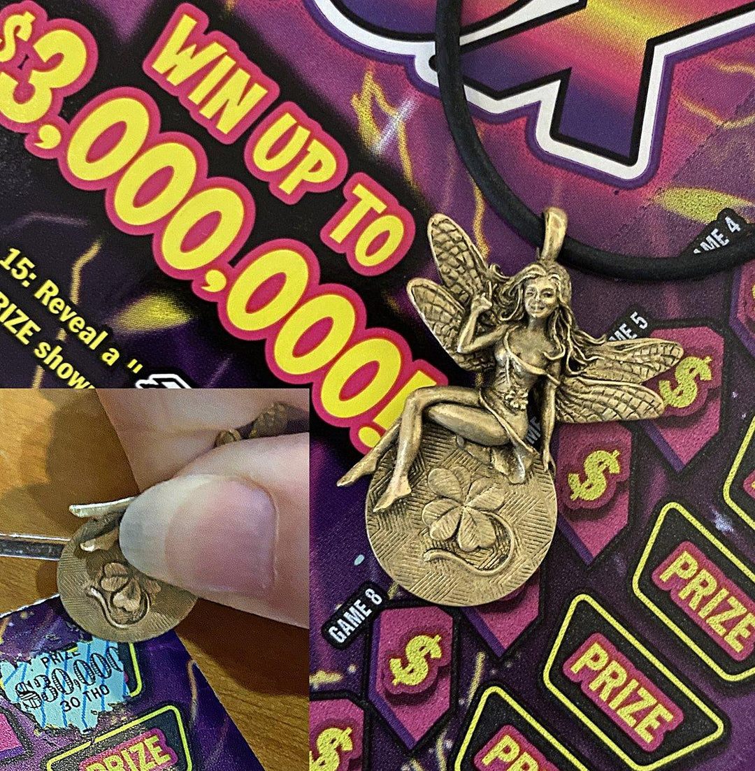 Lucky Lady Lottery Fairy: Gold-toned charm with a wink, crossed fingers, & twin four-leaf clovers. Doubles as a scratch-off coin.