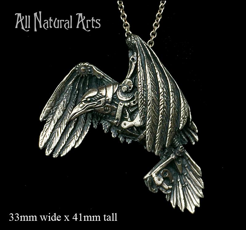 Silver Raven necklace carved in wax with watch parts added for an industrial look.