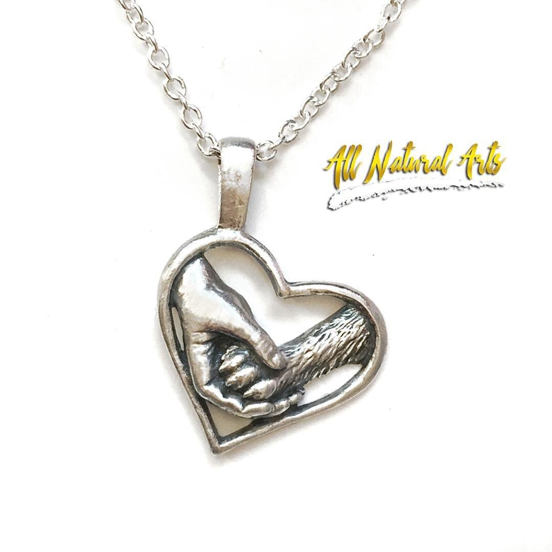 Paw Love Pup necklace | Heart pendant with human hand and dog's paw | Symbolic jewelry