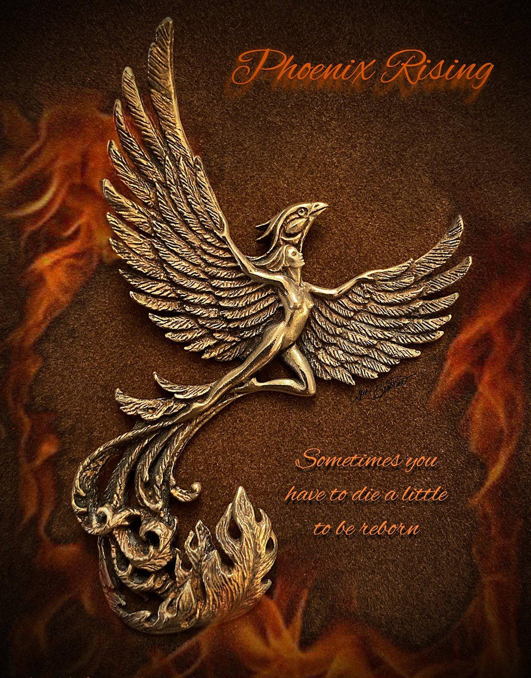 Phoenix Rising pendant in sterling silver or bronze, featuring a detailed phoenix design for resilience, with elegant packaging. Crafted in New York.