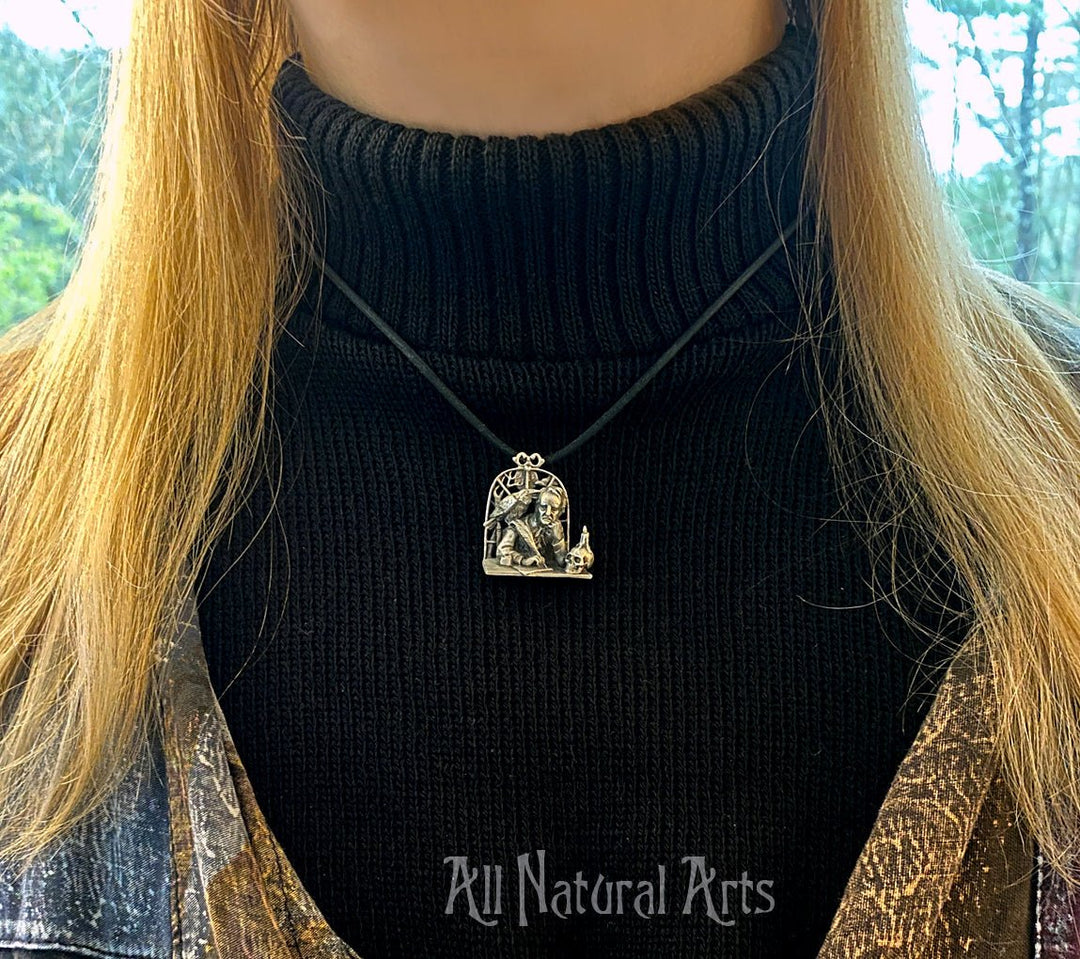 Girl wearing Edgar Allan Poe Portrait Desk Pendant on black cord
