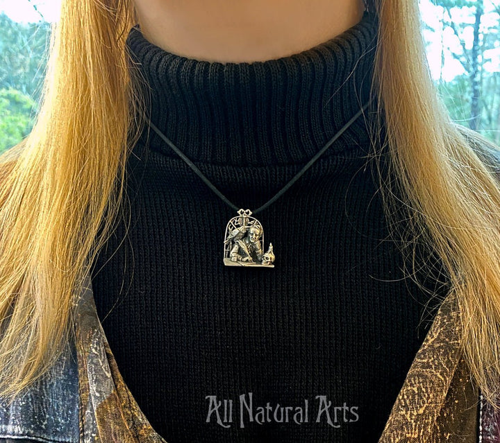 Girl wearing Edgar Allan Poe Portrait Desk Pendant on black cord
