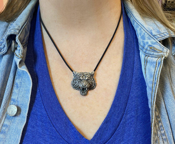 Woman wearing silver Realistic Tiger Pendant - Symbol of strength and courage