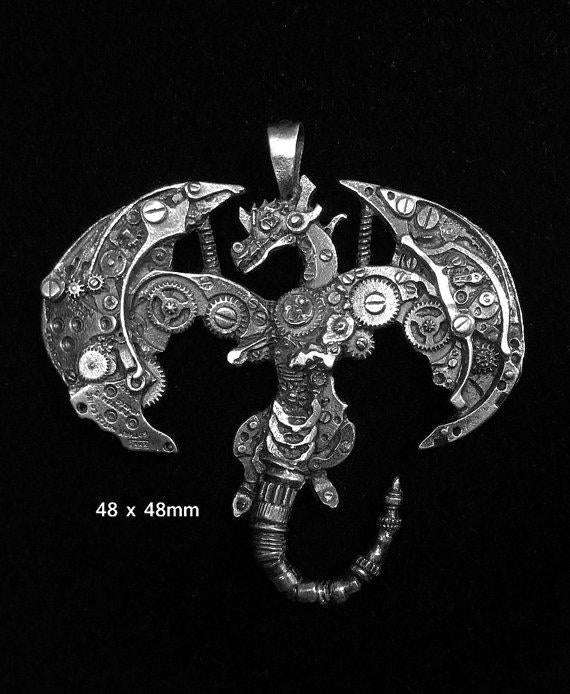Handmade 'Gotham' Dragon Pendant by Sue Beatrice, made from vintage pocket watch parts, exuding antique elegance and cast in sterling silver.