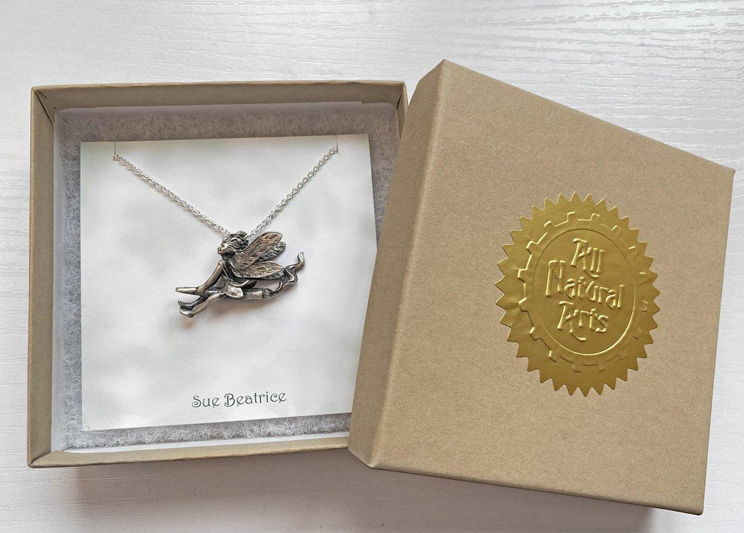 Silver Weed Fairy riding a joint with smoke rising from the back On a silver chain in a beautiful gift box.