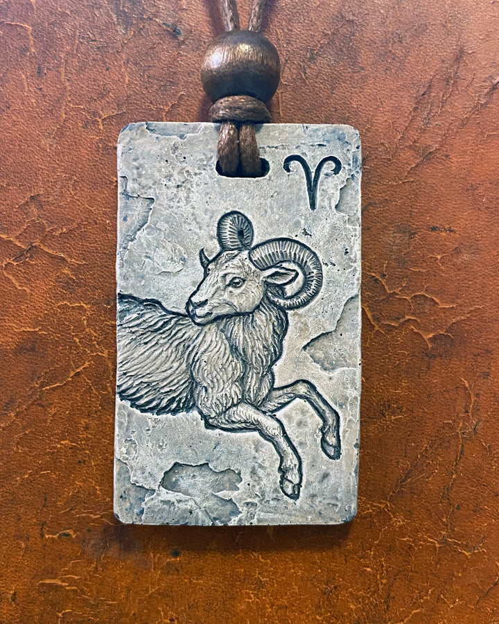 Aries Zodiac Tile Necklace – Unique Handmade Stone Pendant with Waxed Cotton Cord