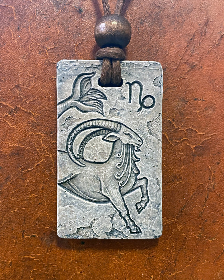 Capricorn Zodiac Tile Necklace – Ancient Egyptian-Inspired Stone Pendant with Waxed Cotton Cord