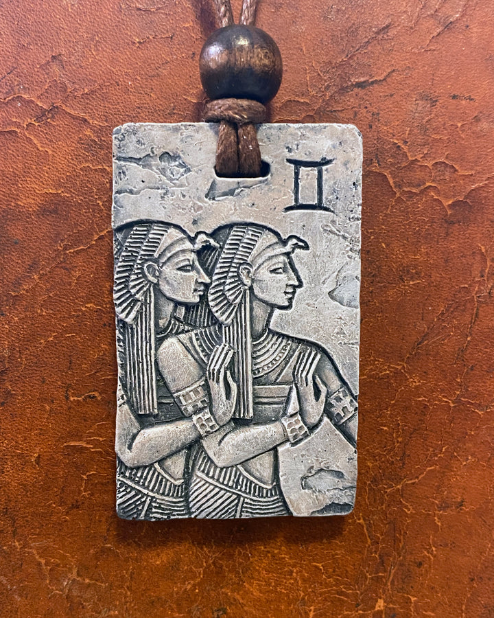 Gemini Zodiac Tile Necklace – Egyptian-Inspired Zodiac Pendant in Cast Stone with Waxed Cotton Cord