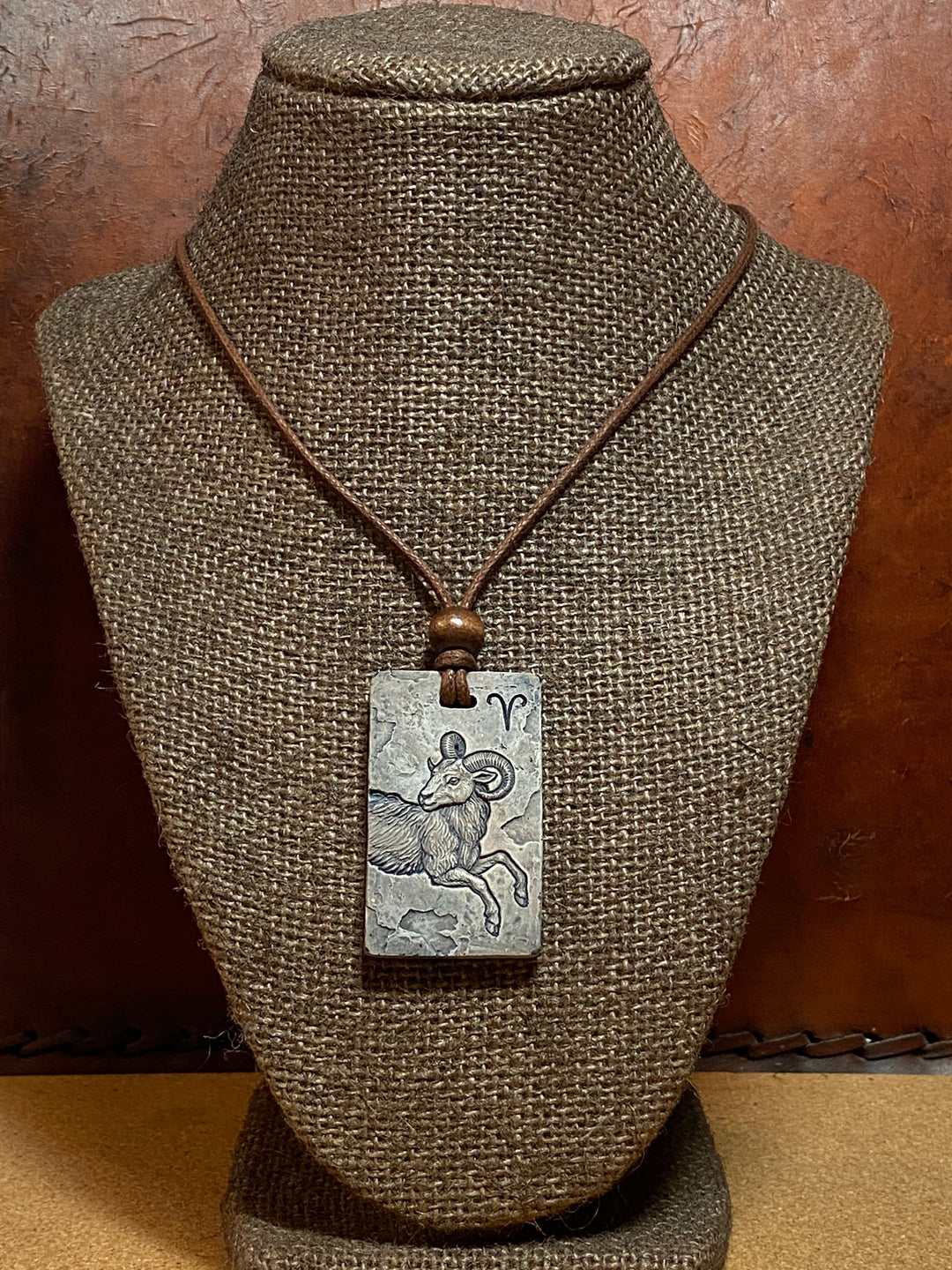 Aries Zodiac Tile Necklace – Unique Handmade Stone Pendant with Waxed Cotton Cord