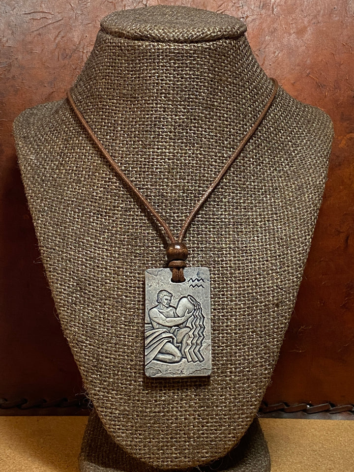 Aquarius Zodiac Tile Necklace – Handmade Cast Stone Pendant on Waxed Cotton Cord