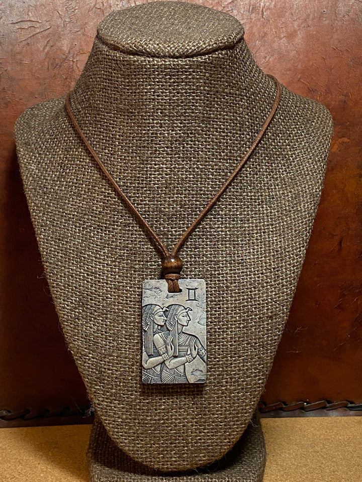 Gemini Zodiac Tile Necklace – Egyptian-Inspired Zodiac Pendant in Cast Stone with Waxed Cotton Cord