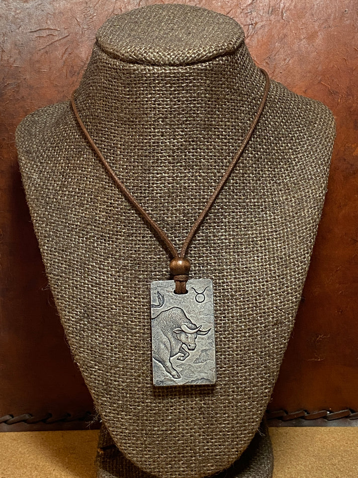 Taurus Zodiac Tile Necklace – Handmade Zodiac Pendant by Sue Beatrice on Waxed Cotton