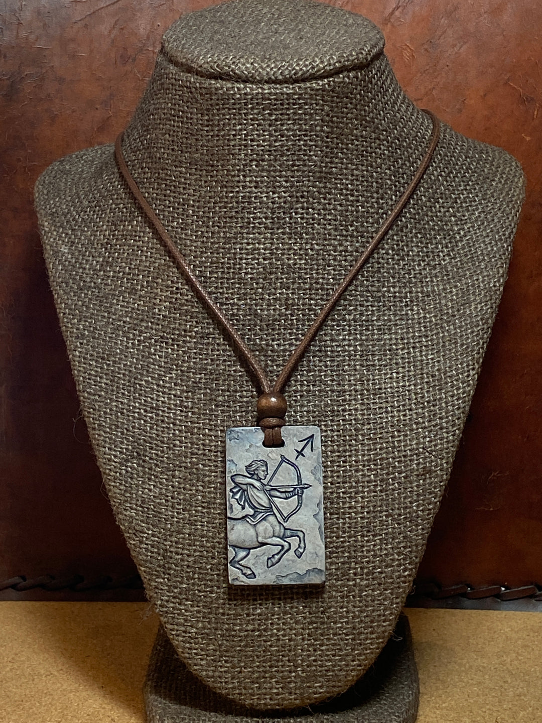 Sagittarius Zodiac Tile Necklace – Zodiac Art Cast Stone Pendant with Waxed Cotton Cord