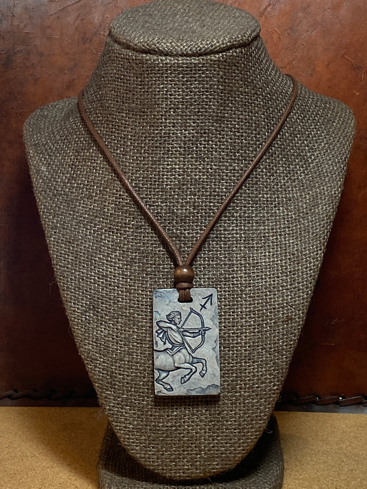 Sagittarius Zodiac Tile Necklace – Zodiac Art Cast Stone Pendant with Waxed Cotton Cord