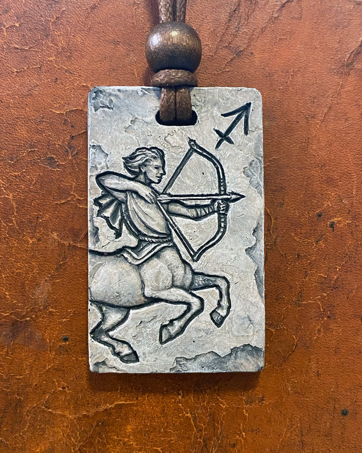 Sagittarius Zodiac Tile Necklace – Zodiac Art Cast Stone Pendant with Waxed Cotton Cord