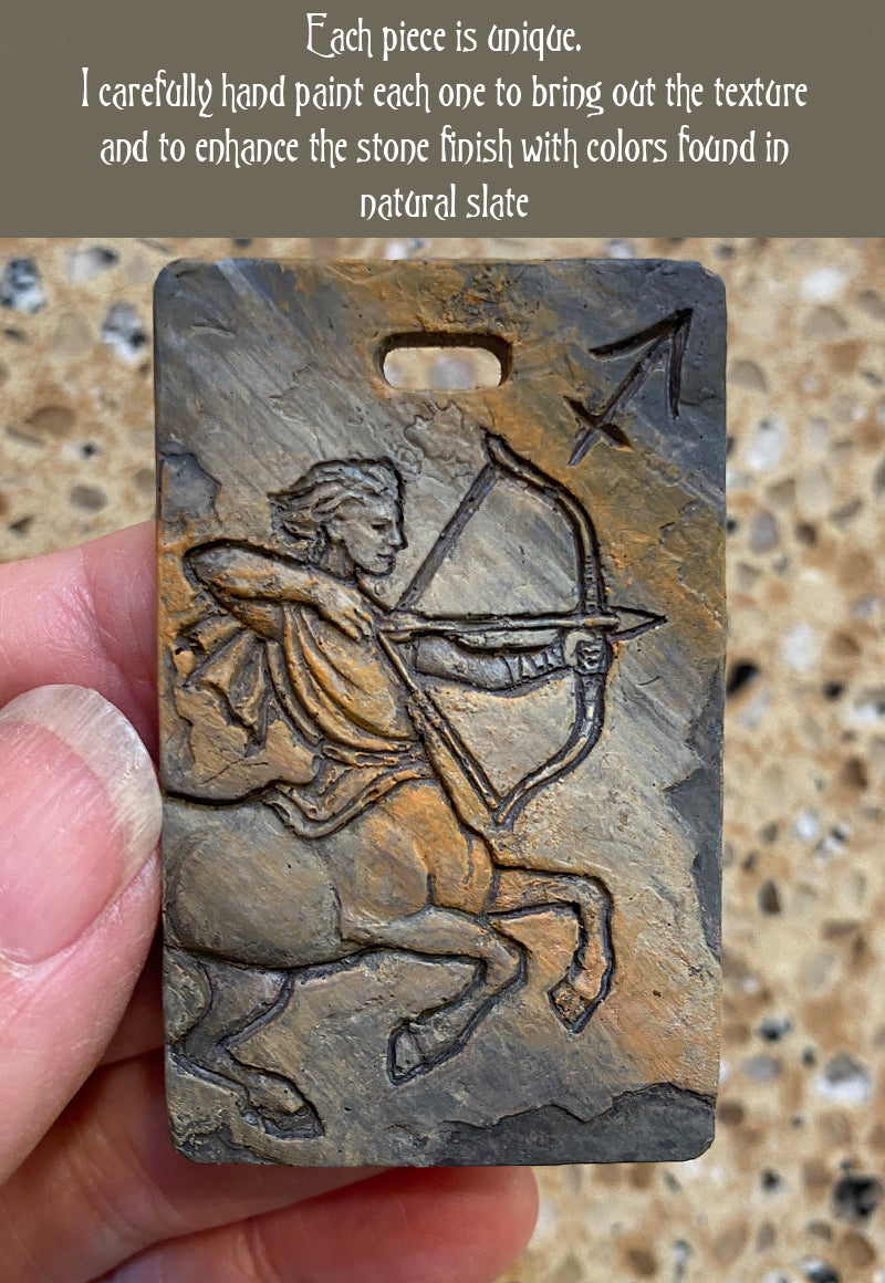 Sagittarius Zodiac Tile Necklace – Zodiac Art Cast Stone Pendant with Waxed Cotton Cord