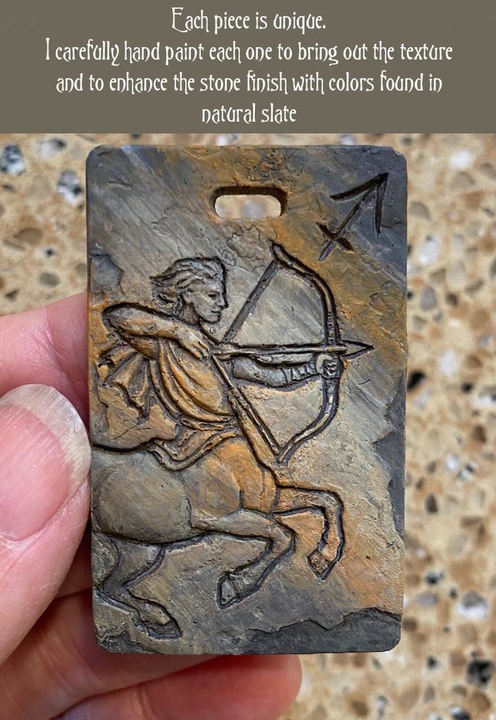 Aquarius Zodiac Tile Necklace – Handcrafted Cast Stone Pendant on Waxed Cotton Cord