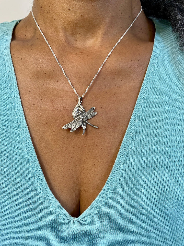 Dragonfly on a Leaf Necklace - Symbol of Transformation and Serenity