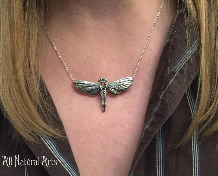 Girl wearing Hugging Fairy Necklace | Sterling Silver Wings Jewelry for Best Girlfriends