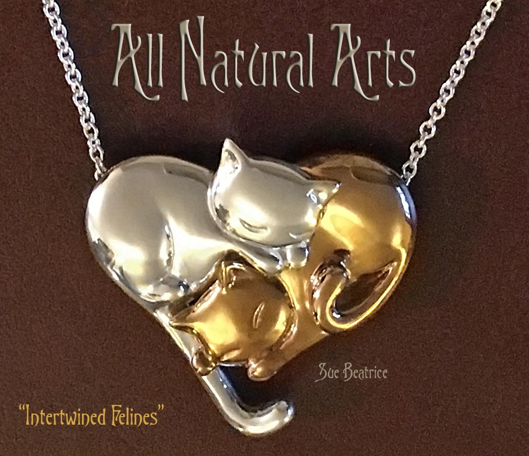Intertwined Felines pendant by Sue Beatrice: silver & bronze cats form a heart. Meticulous detail, 1.14" long. 18" or 20" chain. Perfect gift for cat lovers
