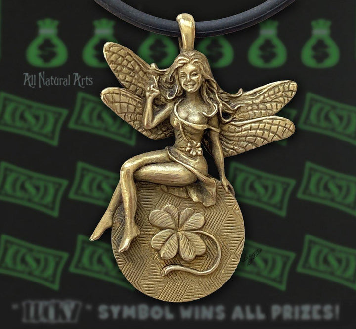 Lucky Lady Lottery Fairy: Gold-toned charm with a wink, crossed fingers, & twin four-leaf clovers. Doubles as a scratch-off coin.