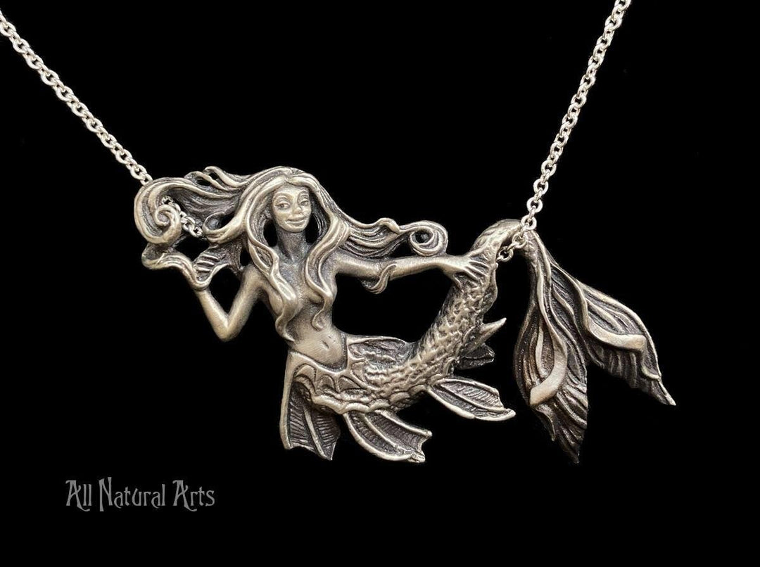 Sea Dragon Mermaid Necklace: Hand Carved Bronze/Silver Pendant by Sue Beatrice