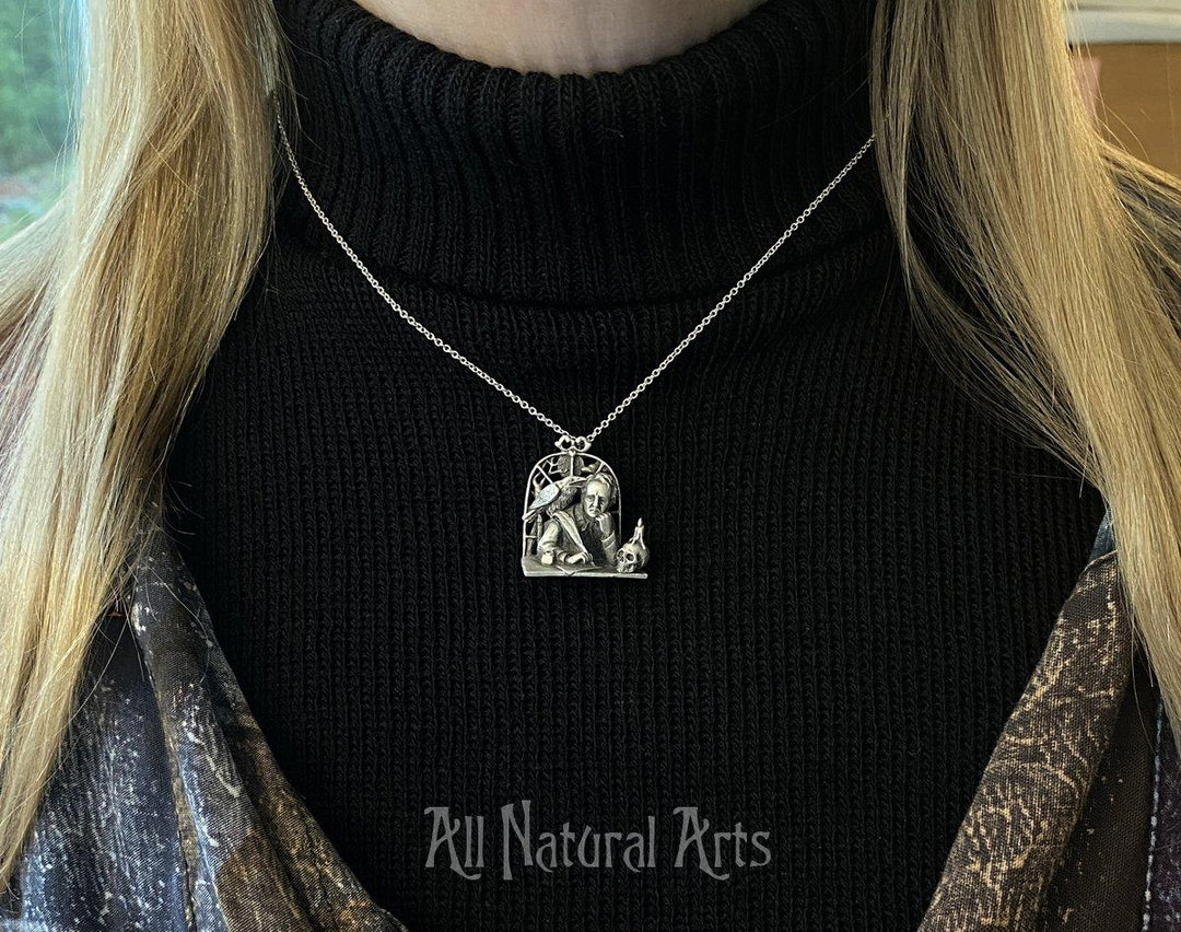 Girl wearing Edgar Allan Poe Portrait Desk Pendant: Handcrafted Sterling Silver Jewelry