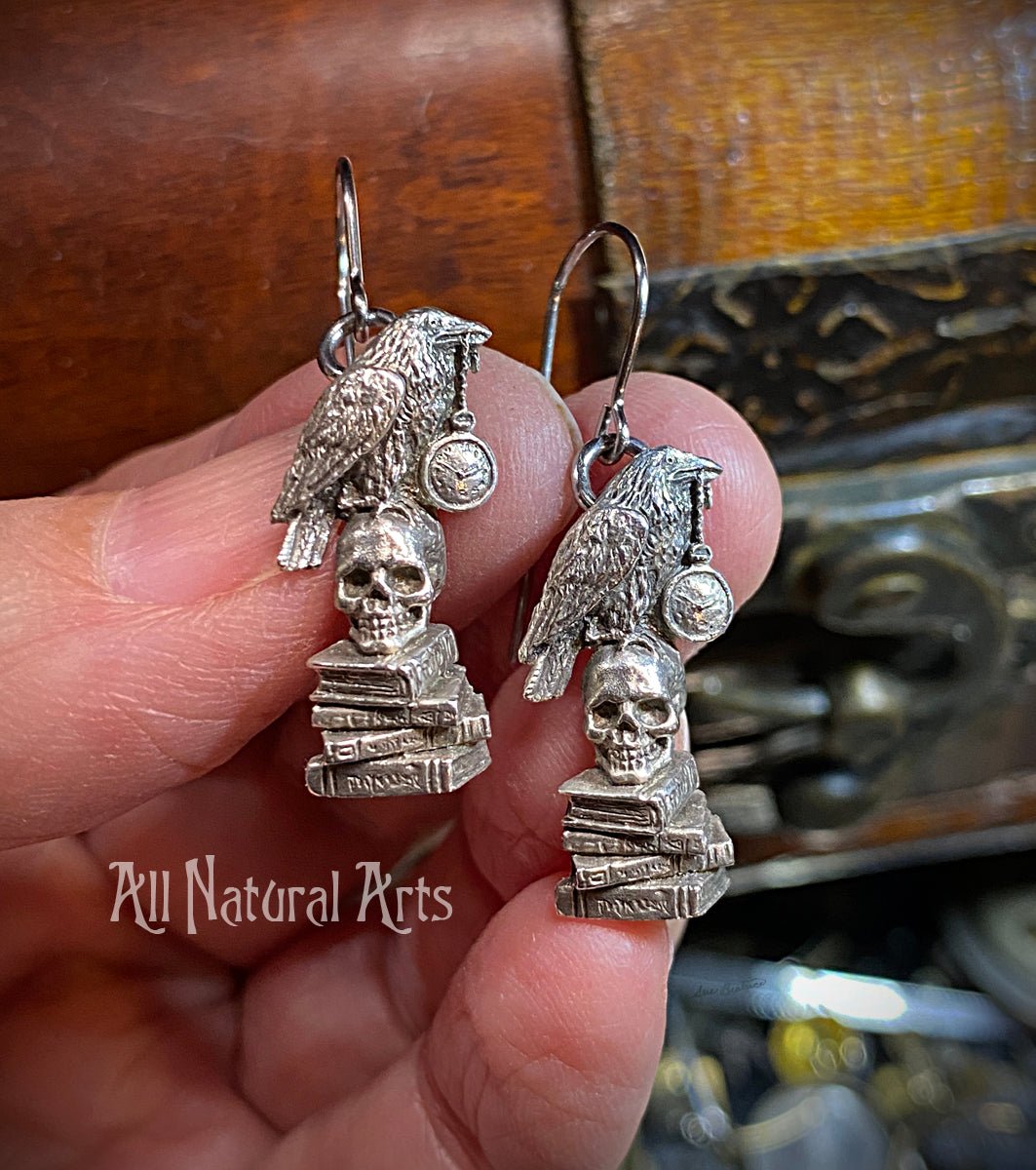 (SET) Edgar Allan Poe Earrings and Desk Pendant Set: Handcrafted Sterling Silver Jewelry