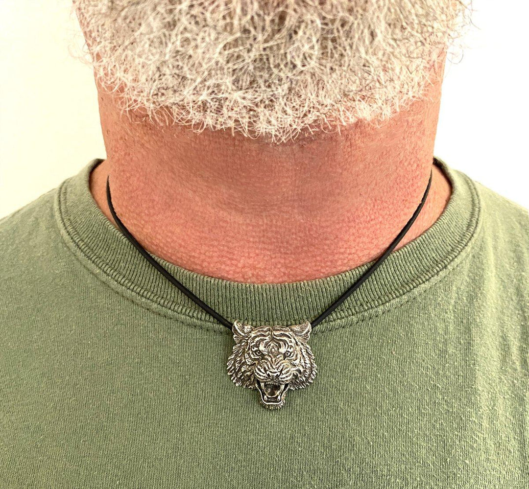 Man with beard wearing a Realistic Tiger Pendant - Symbol of strength and courage
