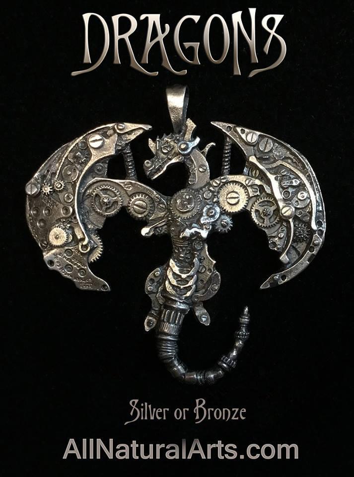 Handmade 'Gotham' Dragon Pendant by Sue Beatrice, made from vintage pocket watch parts, exuding antique elegance and cast in silicon bronze..