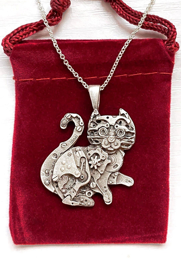Watch Parts Kitty Tail-up Pendant by Sue Beatrice: Sterling Silver & Silicon Bronze