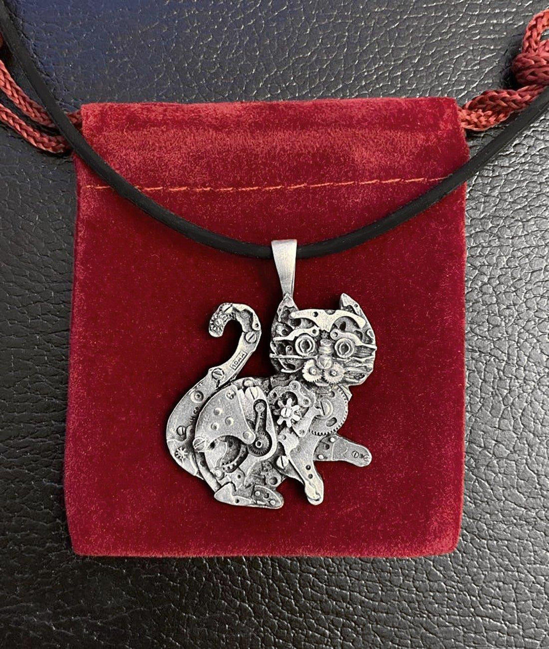 Watch Parts Kitty Tail-up Pendant by Sue Beatrice: Sterling Silver & Silicon Bronze