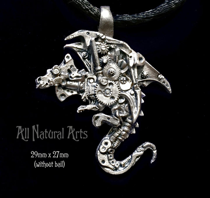 Silver Mini Dragon Pendant Necklace - Watch Parts Jewelry - Hand carved